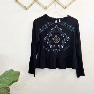 Xhiliration Boho Embroidered Long Sleeve Black Top Size L